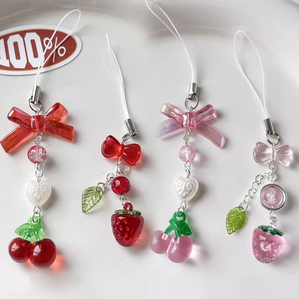 Cherry Strawberry Keychain Phone Strap Charm Landyard Bowknot Pendant Airpods Case Keyring Sweet Girl's Heart Cute Gift Keycord