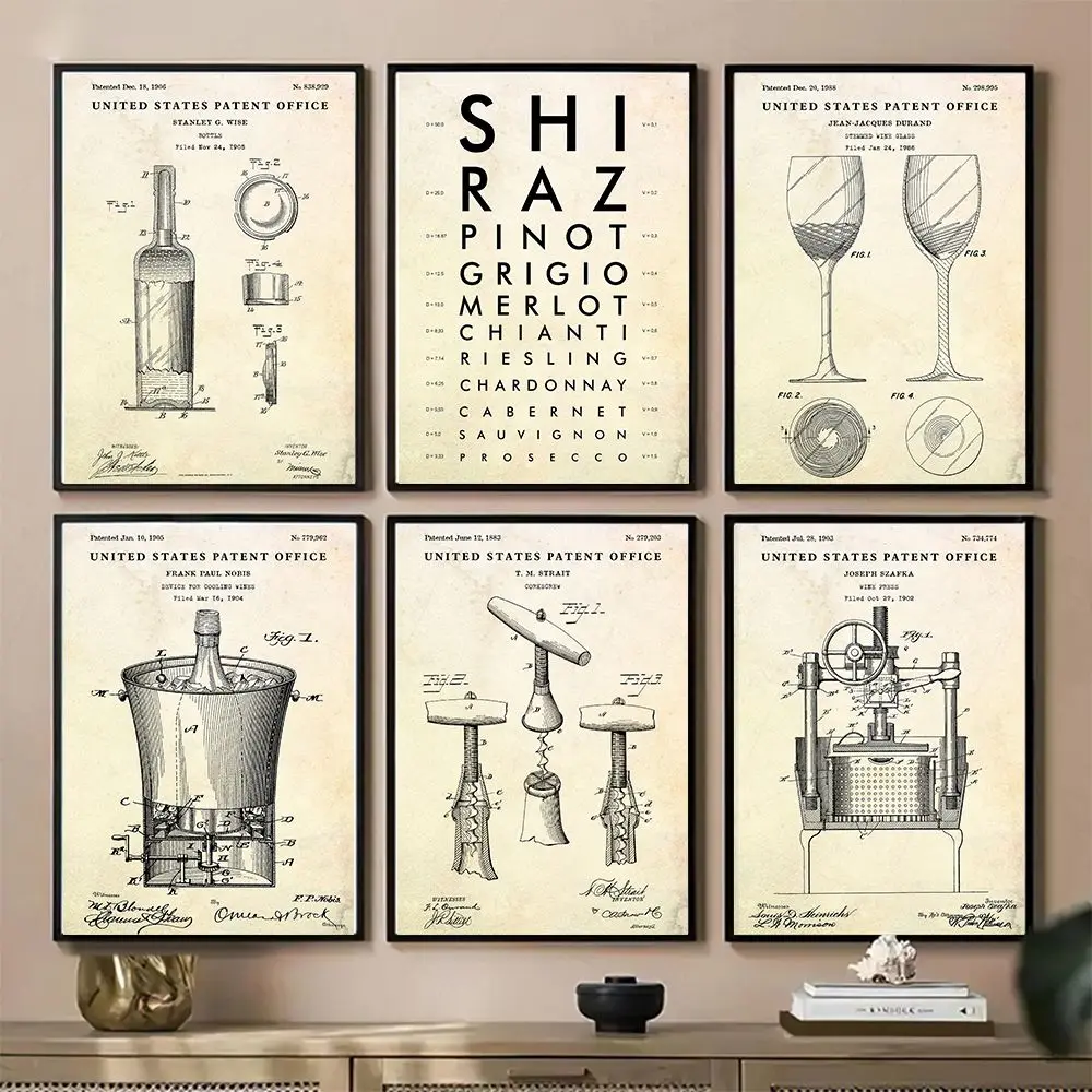 Vintage Wine Patent Poster Canvas Print Eye Chart Wine Types Sign Education Bartender Wall Art Decor Wine Lover Gifts Office Man