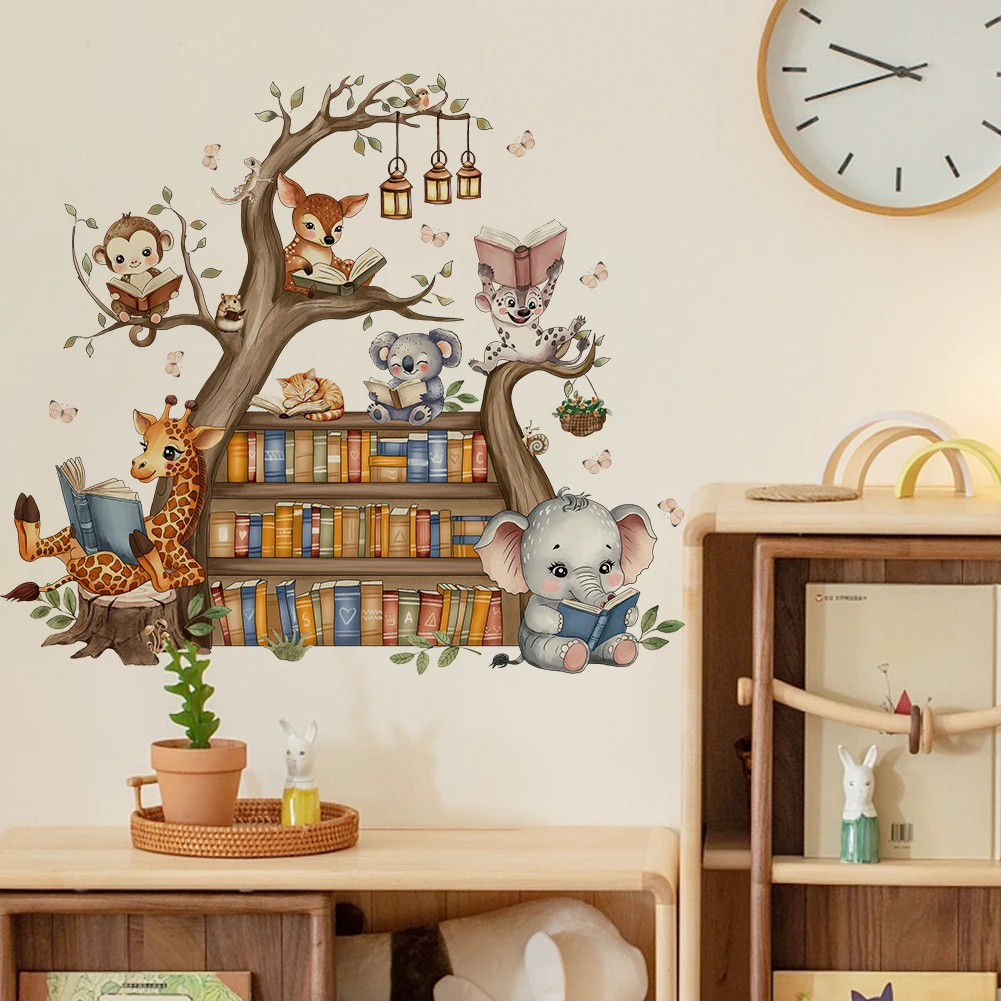 Cute Jungle Animals Reading Books Tree Wall Sticker PVC Removable Wall Decal Kids Baby Nursery Bedroom Study Room Decor Mural view 5