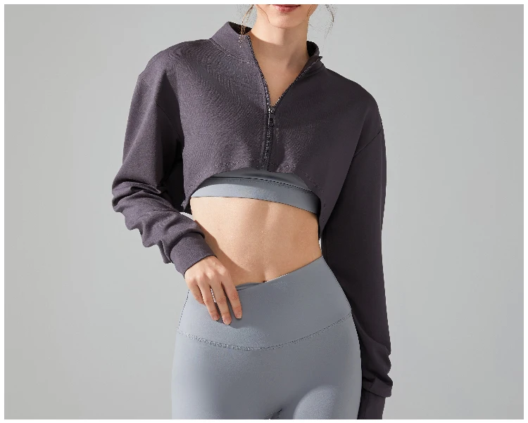 VITALINOVO Damen-Cardigan-Jacke mit Reißverschluss, langärmlig, kurzes Sweatshirt für Yoga, Workout, Laufen, Fitness, Cut-Out-Shirts, Oberteil – Detail 5