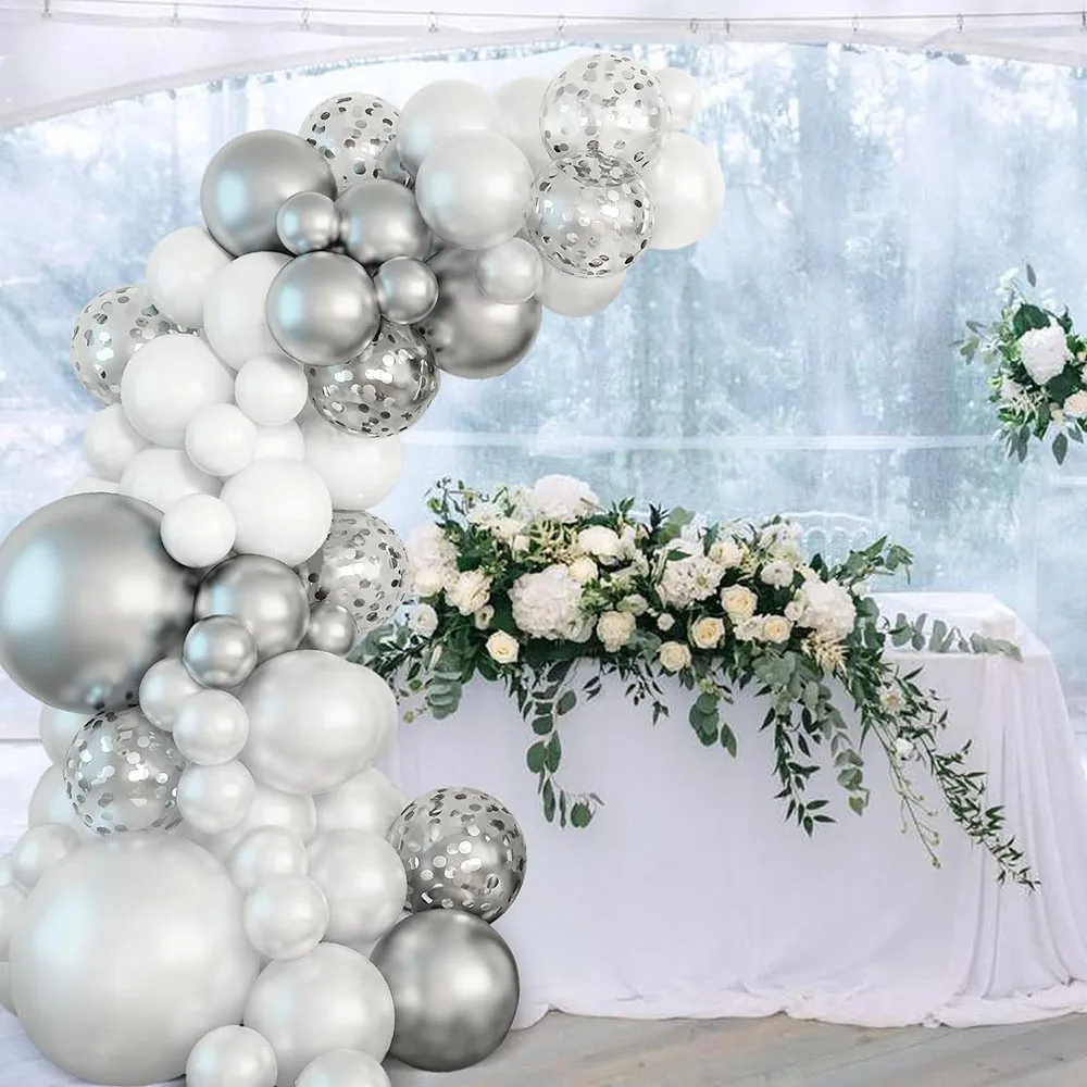 White Balloons,balloon Garland Set 92pcs,pearl White Sliver Confetti Silver Latex Balloons,5 10 12 18inch Balloon Arch for Wedding,baby Party,graduation Birthday Theme Party Decor