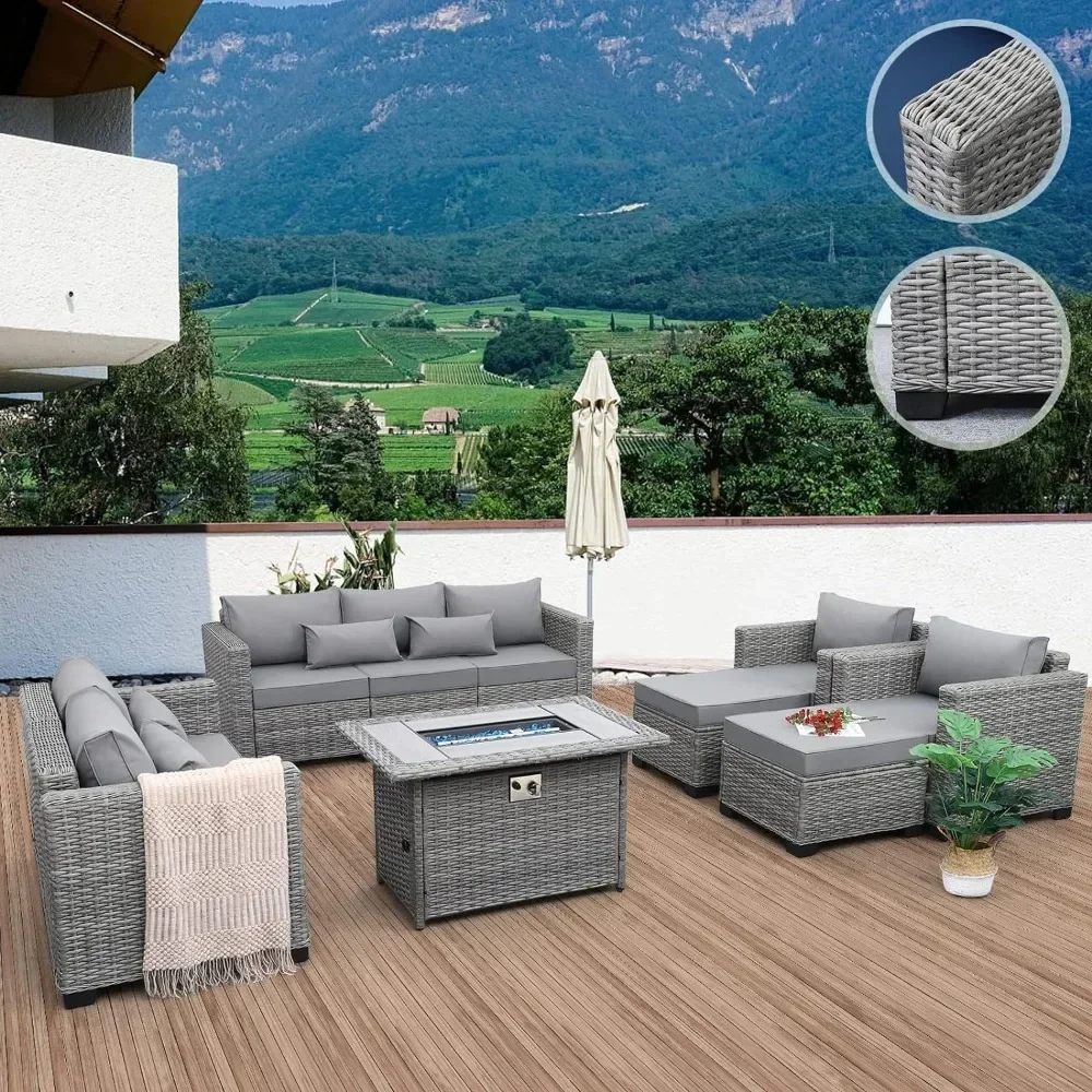 7-Piece Outdoor Furniture Sets with 60000 BTU Propane Fire Pit Table,Non-Slip Cushions Waterproof Covers,Garden Furniture Sets.