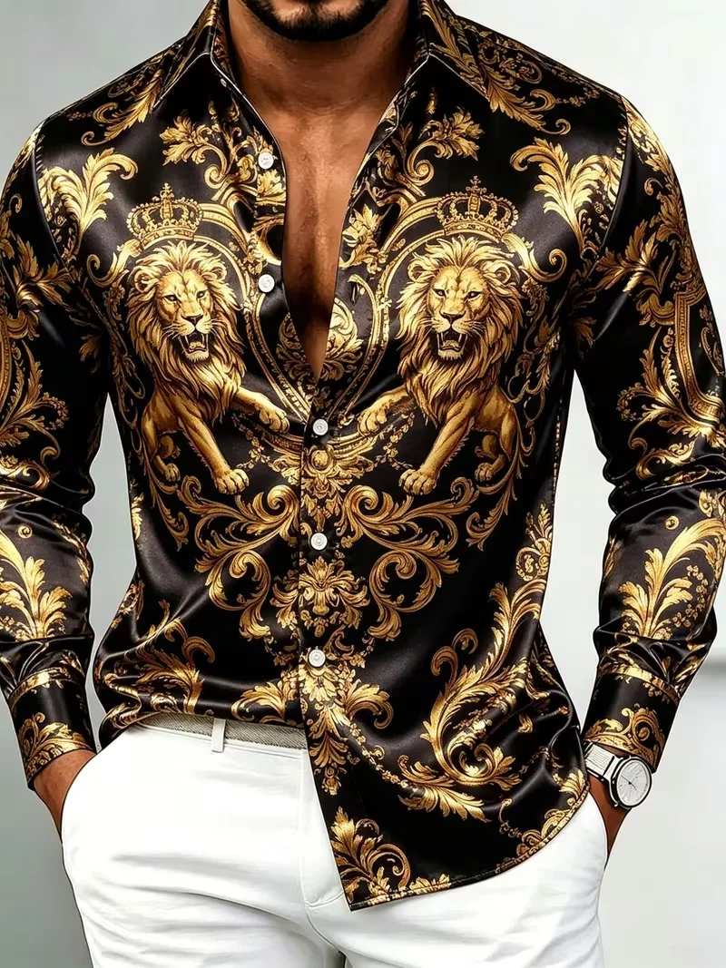 New heart-shaped rolled grass cross partial printed long sleeved shirt with a smooth drape and satin lapel for men