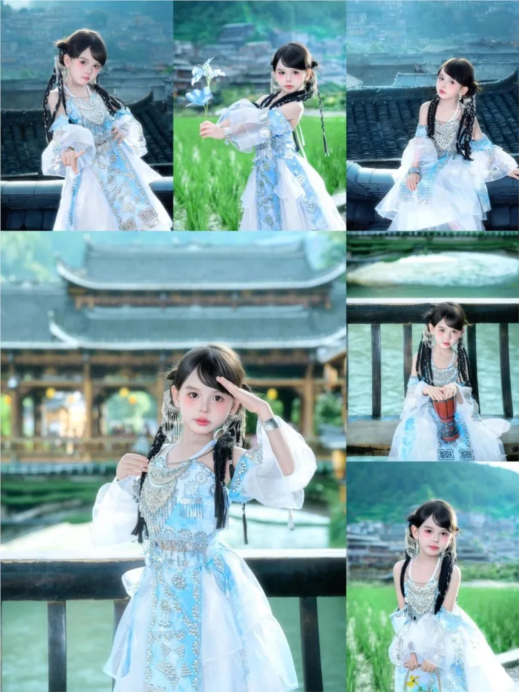 Costumes de spectacle pour filles de style ethnique, haut à licou bleu et robe longue fluide, nouvelle collection