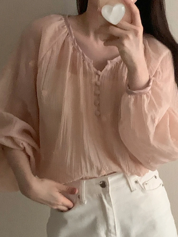 シックな甘い花柄刺繍ルーズ長袖レディースシフォンシャツ韓国風ランタンスリーブカジュアルオフィスウェア