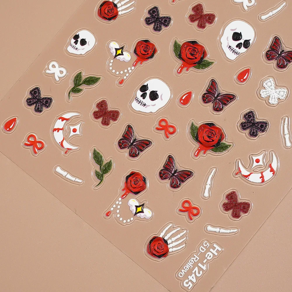 1/5/10 الجمجمة الأحمر روز فراشة Bowknot مسمار ملصقات هالوين 5D تنقش مسمار الفن ملصقات DIY بها بنفسك مانيكير الديكور الشارات