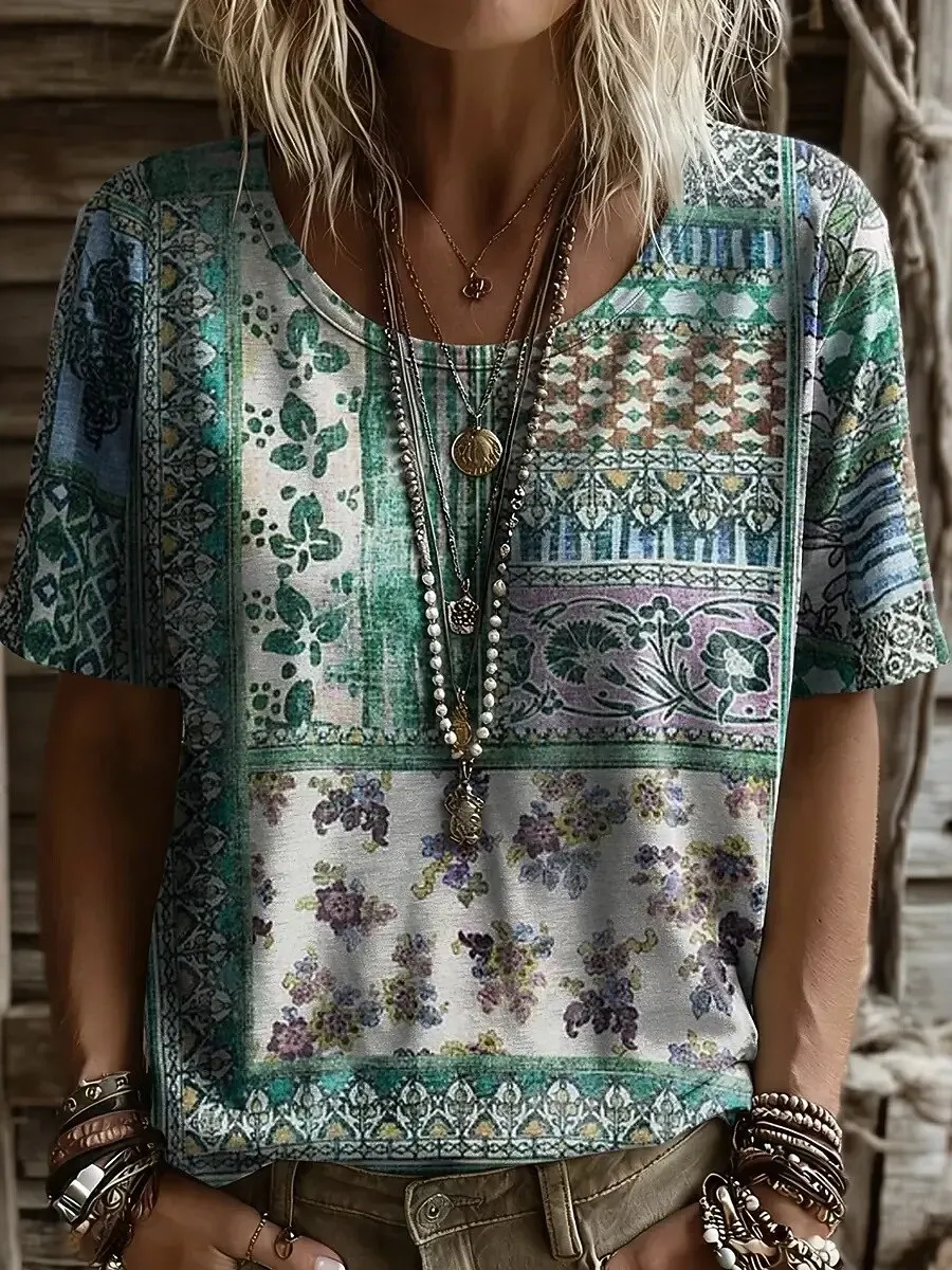 Women's Vintage Tribal Graphic Short Sleeve T-Shirt, Casual Multi Neck Tops, Red Green Daily Wear for Spring & Summer