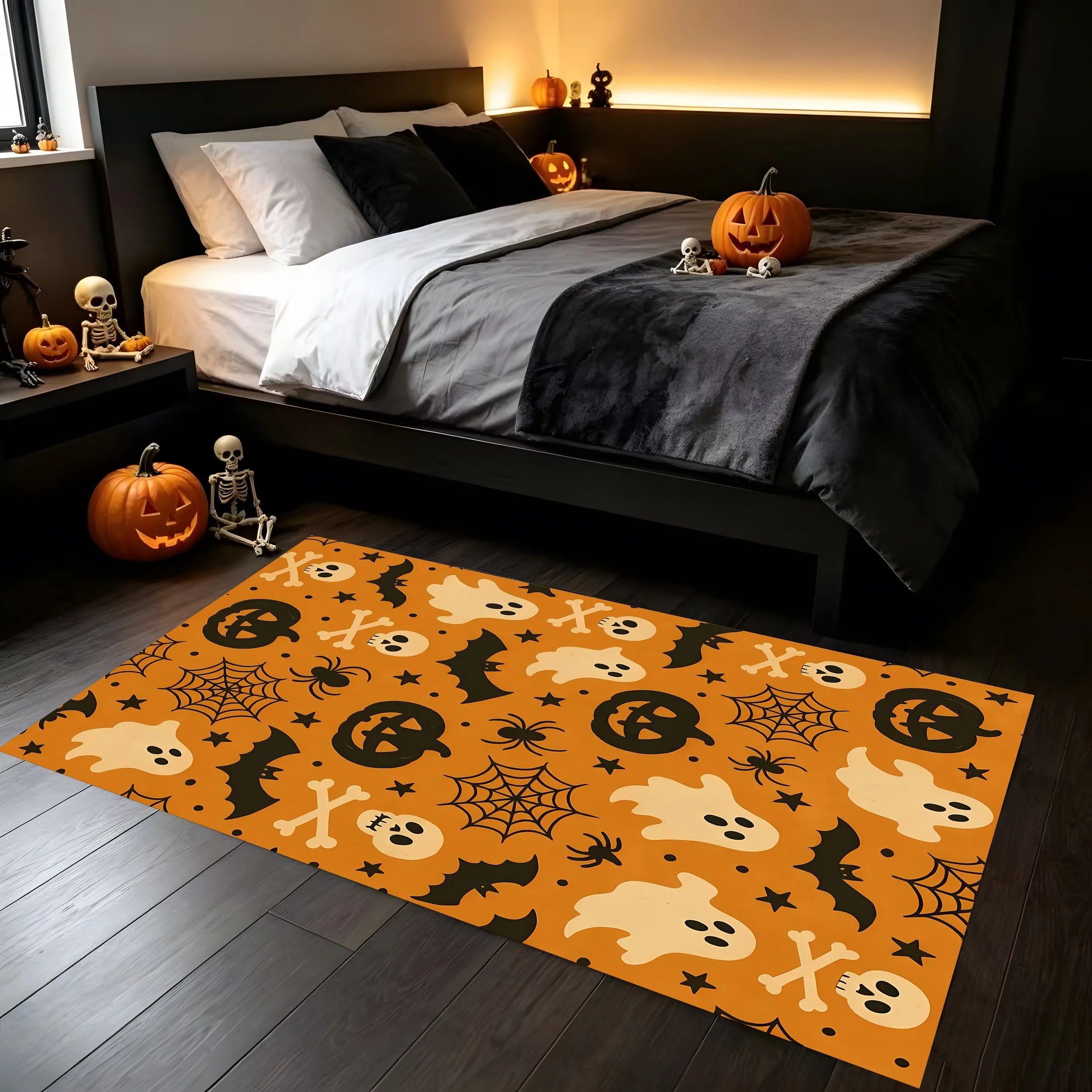 Velvet Halloween Ghost Pumpkin Bat Spooky 2D Rug for Living Room, Bedroom, Party, Autumn/Winter