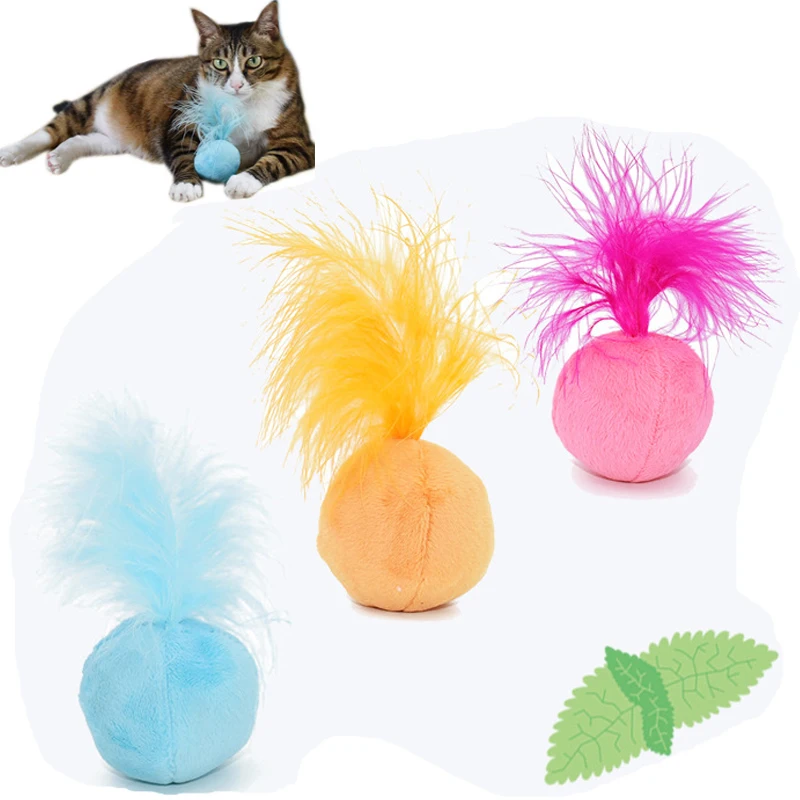 Furry Ball Cat Toy with Feather and Catnip, Interactive Pom 