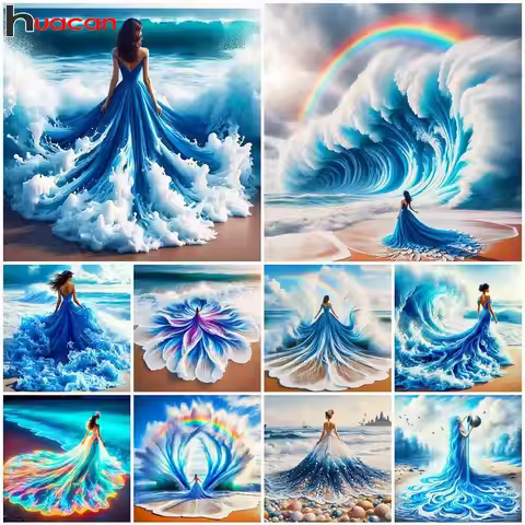 Huacan Diy Diamond Mosaic Evening Dress Woman Full Diamond Painting Seaside Scenery Home Decorative Rhinestones