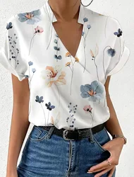 Elegant Blouse Printed Short Sleeve Shirts 2023 Summer Office Lady Cross V-Neck  Flower Shirt S-XXL