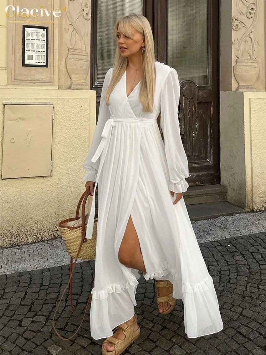 

Clacive Fashion Loose White Women Dress 2025 Casual V-Neck Long Sleeve Ankle Length Dresses Elegant Lace-Up Ruffle Female Dress