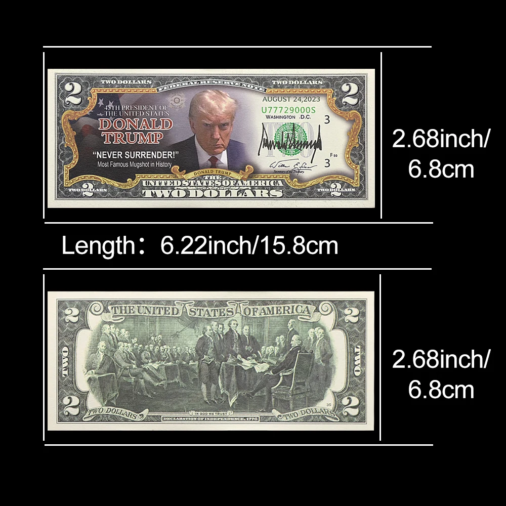 2024 President Donald Trump Banknote Imprisonment Surrendered Head Shot Two Dollars Paper Money with UV and Serial Number Gifts