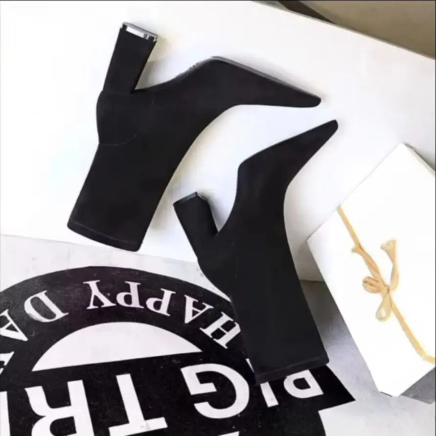 

BIGTREE 2026 New Autumn Winter Boots Women High Heel Boots Suede Thick Heel Ankle Boots Pointed Shoes Fashion Black Sock Boots