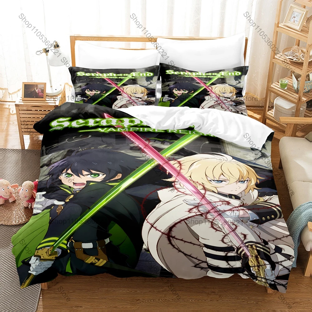 

Anime Seraph of the End Bedding Set, Duvet Cover & 2 Pillowcases, Vampire & Warrior Pattern Breathable Fabric All Season Bedding