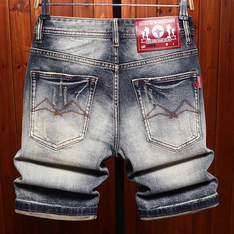 High end denim shorts for men, classic retro washed vintage fashion trend, summer casual five quarter pants