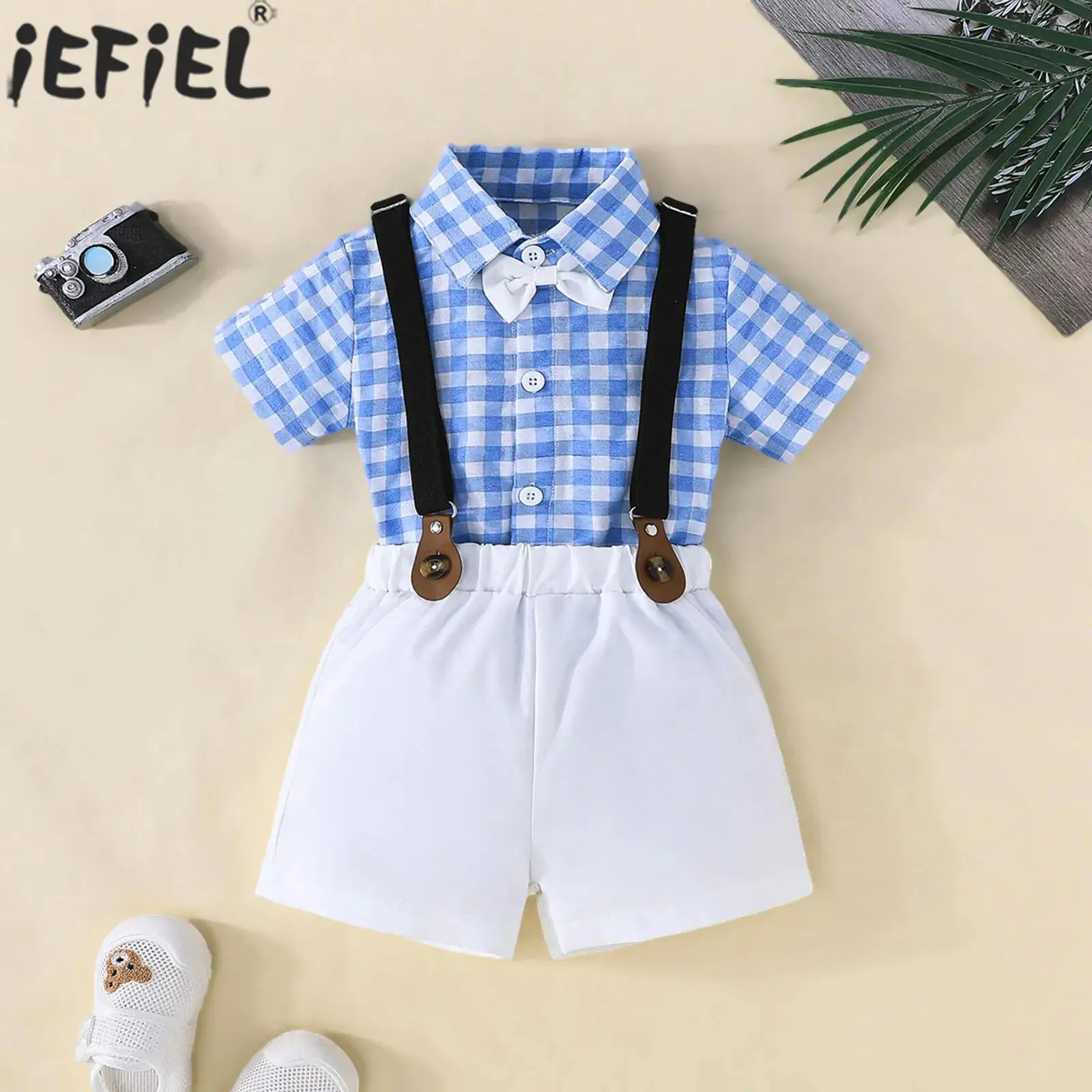 

Baby Boys Gentleman Suit Short Sleeve Plaid Bowtie Shirt with Suspender Pants for Baptism Birthday Wedding Party Photography