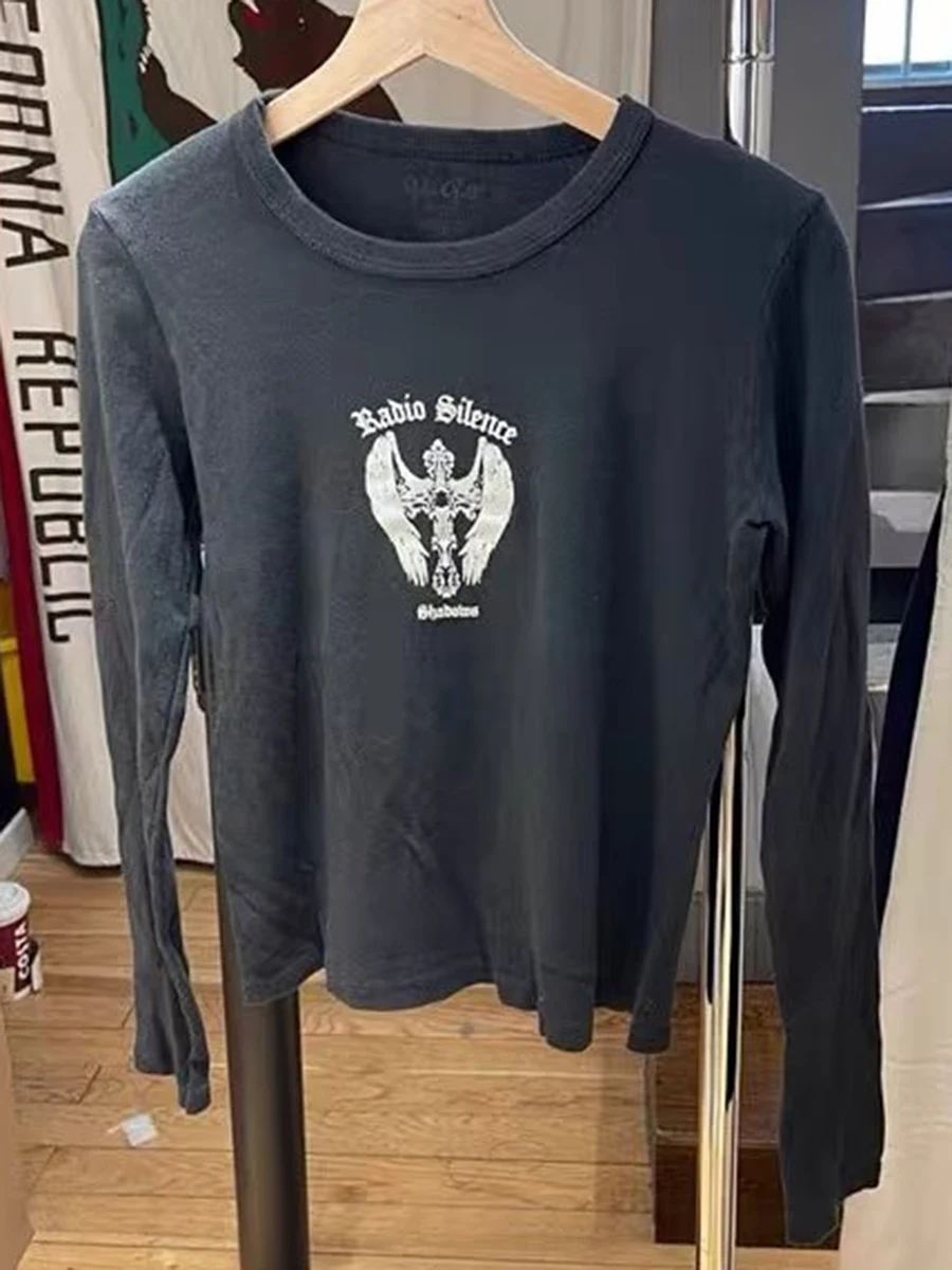 

Женские футболки с длинными рукавами и графическим принтом Wings в стиле Харадзюку, повседневные тонкие хлопковые мягкие топы с круглым вырезом, винтажная шикарная черная одежда Y2K