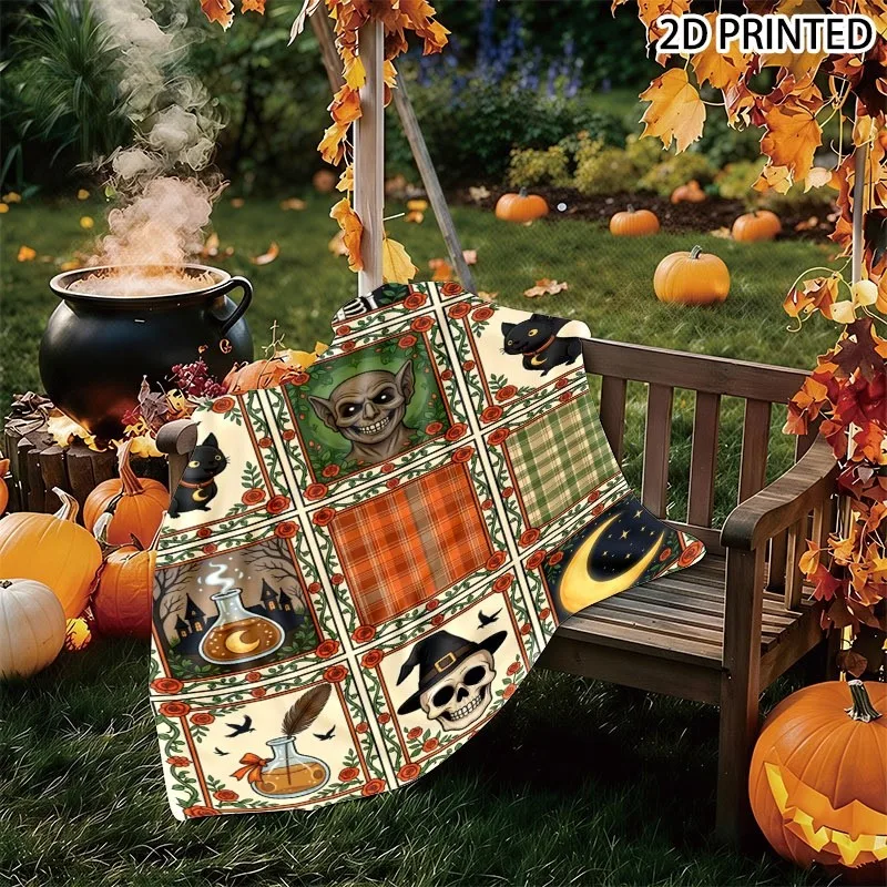 Whimsical Halloween Themed Small Throw Blanket, Spooky Prints with Bats, Skeletons, Moons & Magical Potions, Vintage Decorative