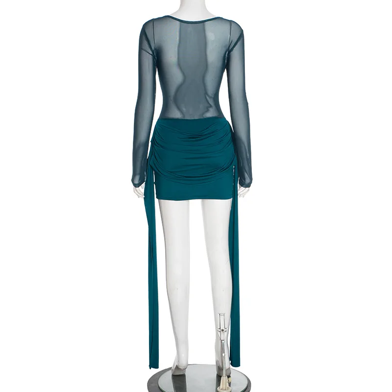 STIJLVOLLE DAME Mesh Patchwork Jurk met Lint 2025, Herfst Vrouwen Lange Mouw O Hals Zien Door Gedrapeerde Sexy Club Party Mini Jurk