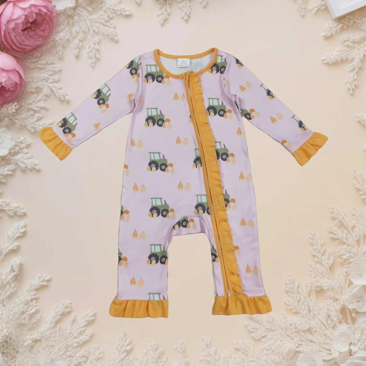 

Baby Girl Long Sleeve Romper Ruffle Zipper Pumpkin Trucks Print Cute Outfit for Newborn Infant Toddler Children Fashion Clothing