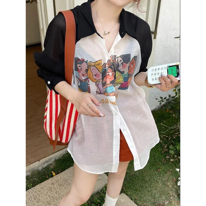 Women\'s Trendy Print Funny Cartoon Print Patchwork Shirt Lapel Long Sleeve Oversize Blouse Y2K Harajuku Casual Chic Tops Female