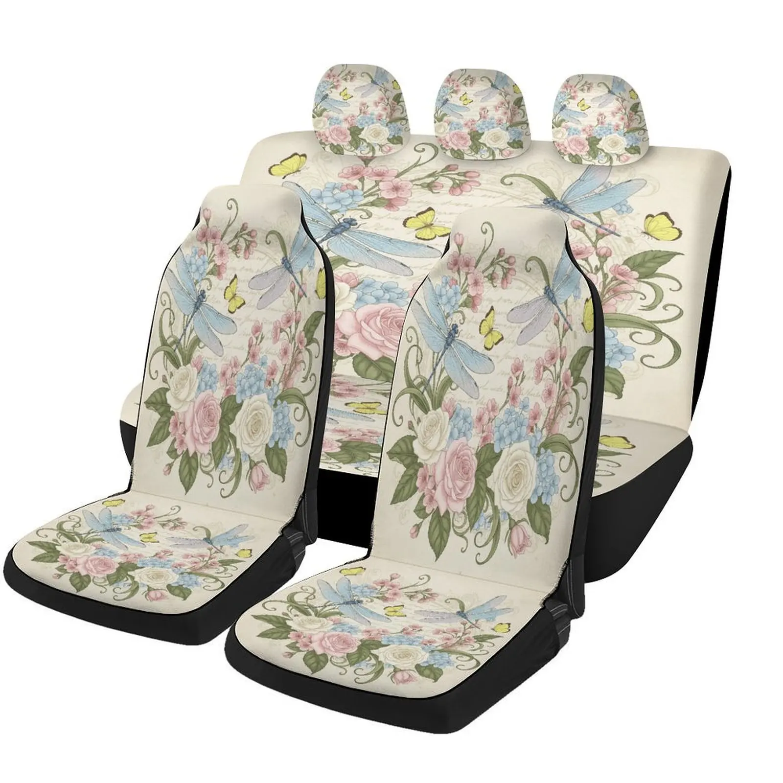 Floral Dragonfly Garden Car Seat Covers Set - Breathable Polyester, Universal Fit For Most Cars, Includes 2 Front & Rear Seat Pr