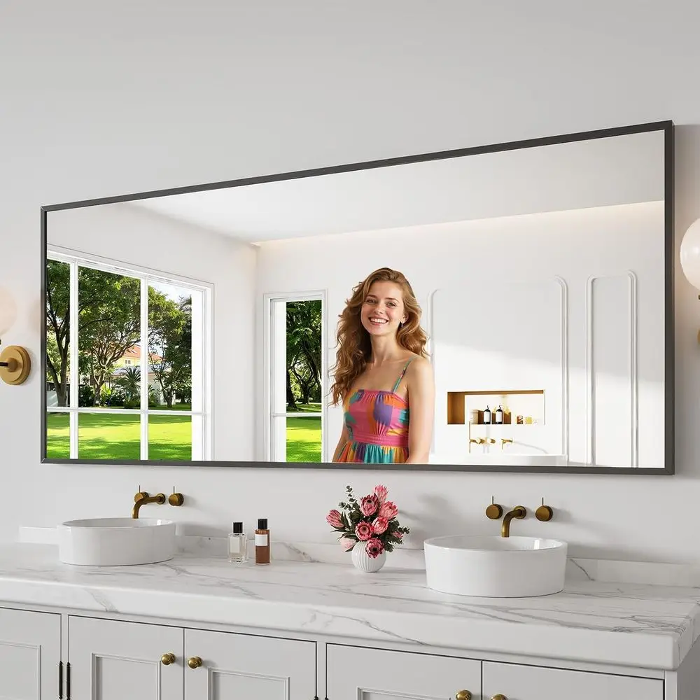 

Bathroom Mirror 30x71 Matte Black Bathroom Wall-Mounted Mirr, ern RecVanity Mirror, HD Tempered Glass, Alloy e Allow to Hang Hor