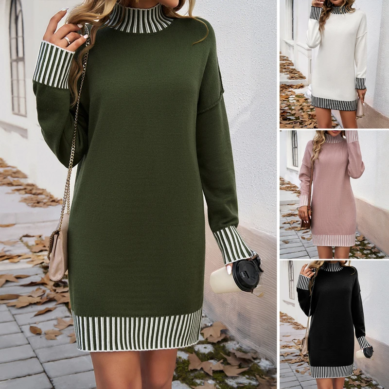 

Sweater Dresses for Women 2024 New Autumn Winter Knitted Pullover Fashion Long Sleeve Vintage High-Neck Elegant Loose Warm Skirt