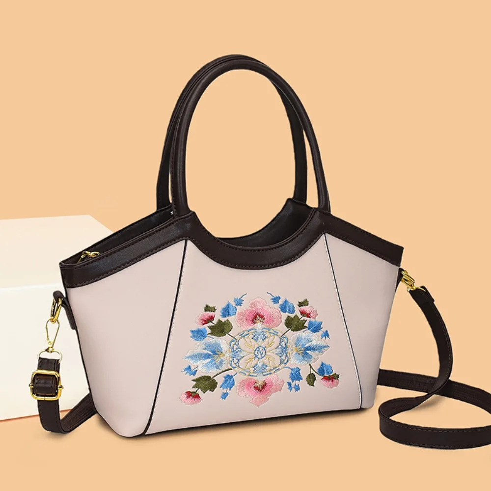 Ethic Style Embroidered Vintage Leather Shoulder Bag Large Capacity Patchwork Tote Bags Retro Print Crossbody Bag