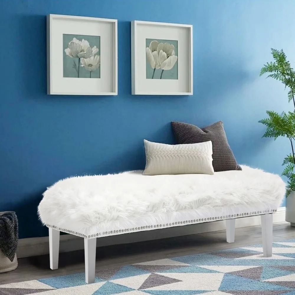 

White Ottoman Bench Upholstered Furry Entryway Bedroom Bench with White Wood Legs,Modern Contemporary Long Bench Ottoma
