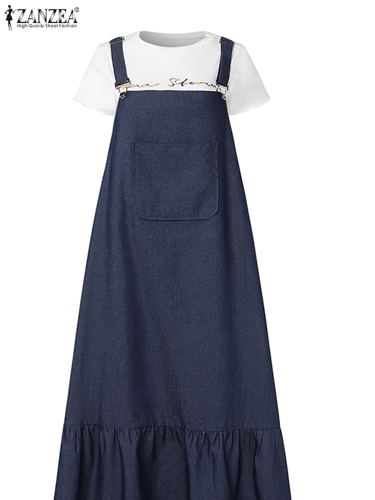 Summer Women Sleeveless Overalls Dress ZANZEA Muslim Vintage Abaya Dress Denim Blue Sundress Dubai Hijab Vestidos Maxi Robe 2025