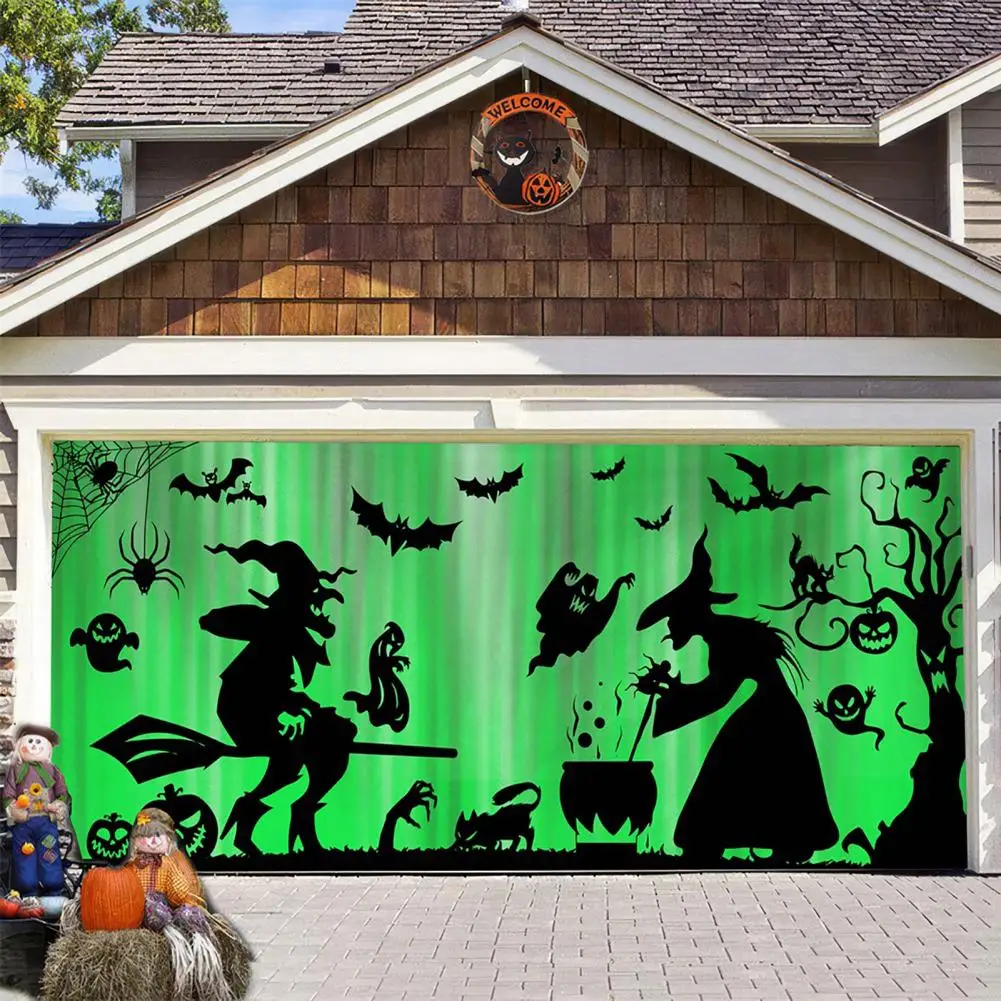 1 Set Garage Door Tapestry with Installation Package Halloween Style Witch Haunted House Pumpkin Bat Print Create Spooky Atmosph