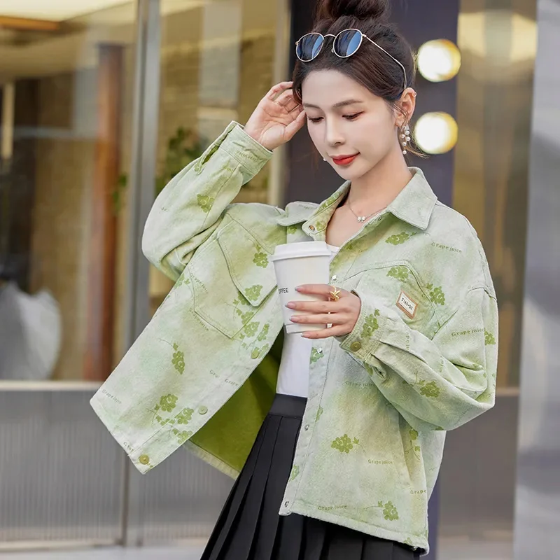 

Sweet Printed Denim Jacket Women's Spring 2025New Small Cowboy Coat Western Style Casual Outwear Loose Jeans Overcoat Top Ladies