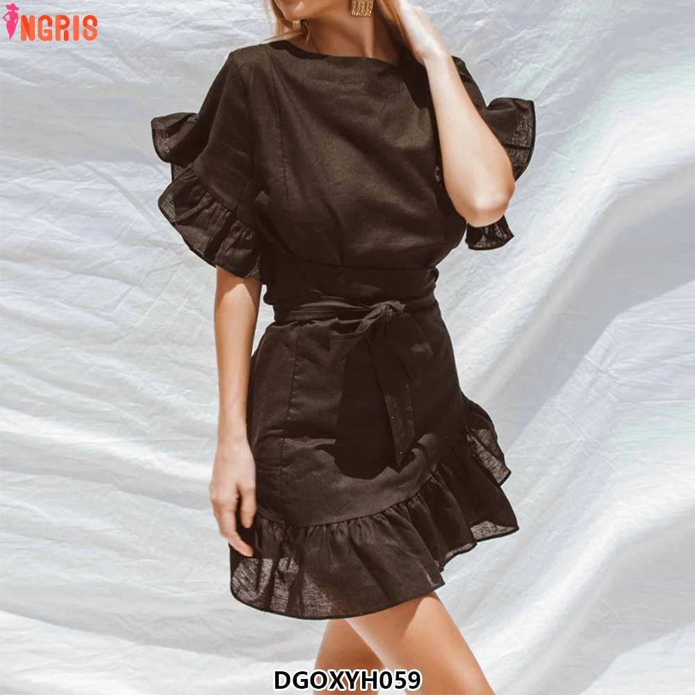 

2025 Custom Women Dress Clothing Summer Cotton Short Linen Ruffle Sleeve Mini Length Casual Short Dresses for Women-DGOXYH059