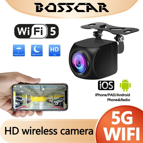 BOSSCAR-cámara de visión nocturna inalámbrica Universal, cámara de visión trasera HD para coche, impermeable, Wifi, cámara de marcha atrás, 5V, USB, 12V, compatible con Android IOS