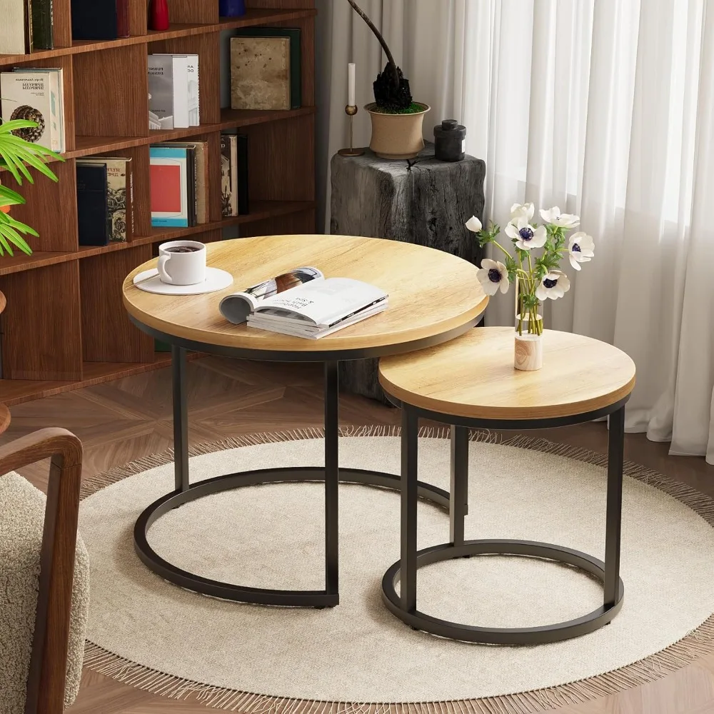 Smuxee Nesting Coffee Table Set of 2, 23.6 Round Coffee Table Brown Wood with Adjustable Non-Slip Feet, Industrial End Table Sid