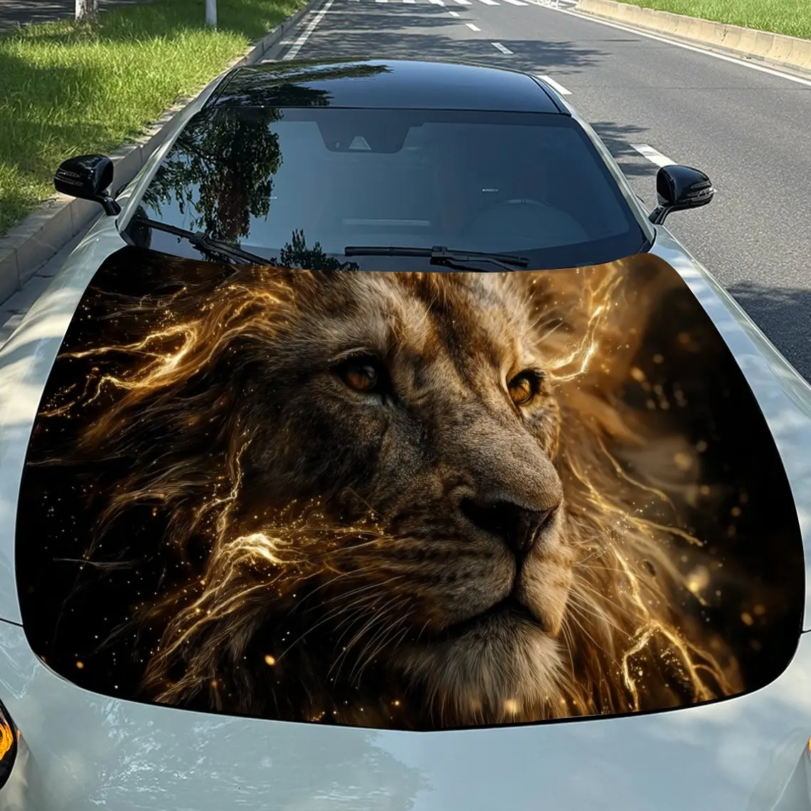 Golden Flame Lion King Car Vinyl Wrap, PVC Material Waterproof Car Hood Sticker, Self-Adhesive Scratch-Resistant Stickers for En