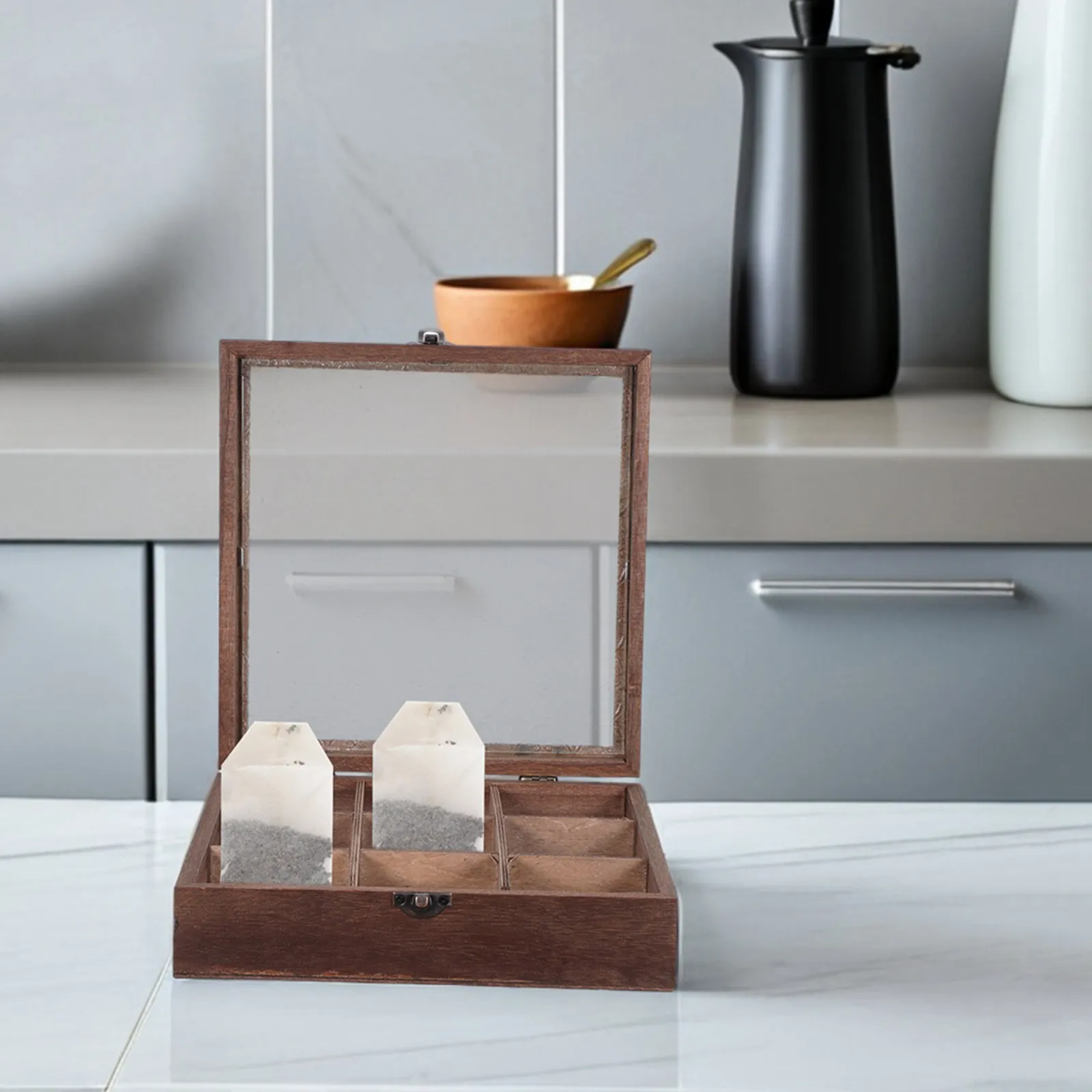 12 Compartment Wood Tea Box Organizer Walnut Color Tea Storage Chest Open Window Countertop Herbal Loose Leaf Organizer