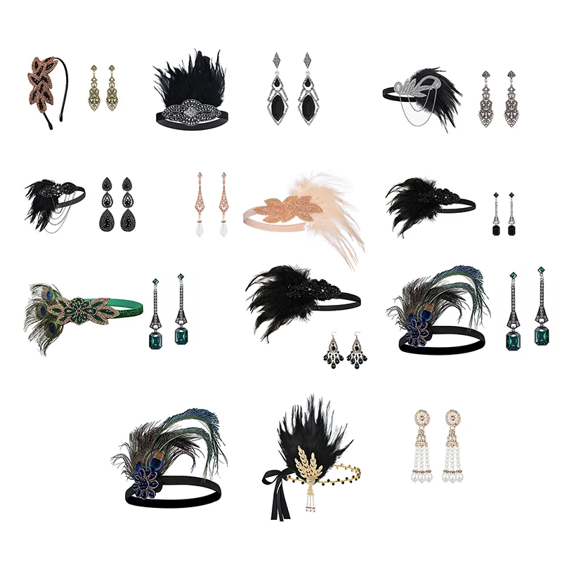 Disfraz de Flapper de 1920 para Cosplay, diadema de plumas, collar de perlas, pulsera, medias, Guante largo, accesorios para mascarada de Gatsby, 1 Juego