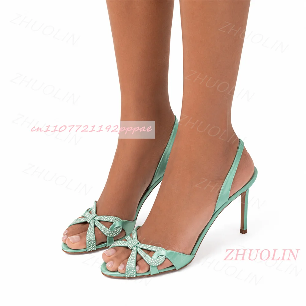 Women Mint Green Satin Rhinestone Bow Stiletto Sandals Open Toe Slingback Sandals High Heel Wedding Party Evening Dress Shoes