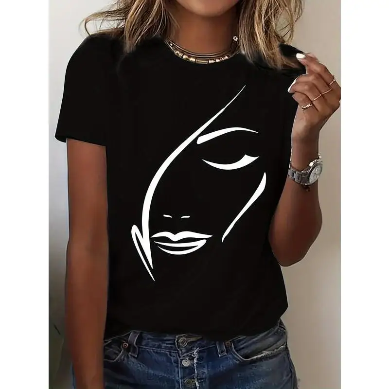 

Women's Abstract Face T-shirt Minimalist Line Art Graphic Tee Casual Aesthetic Short Sleeve Top