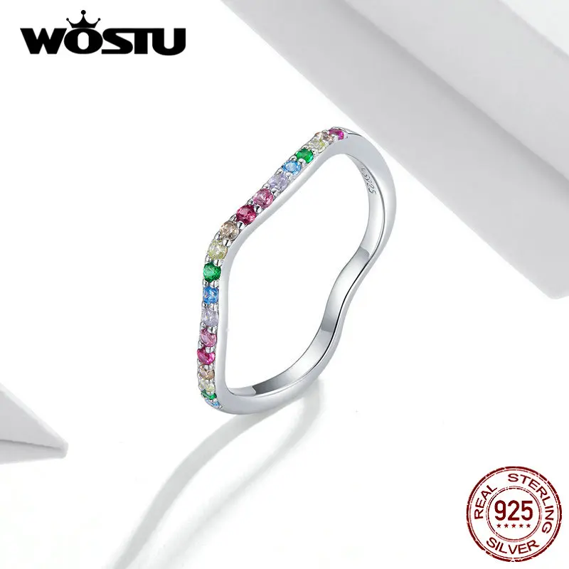 

Wostu Rings 925 Sterling Silver Rainbow CZ Simple Finger Ring For Women Silver Party Anniversary Fine Jewelry Gift DXR705