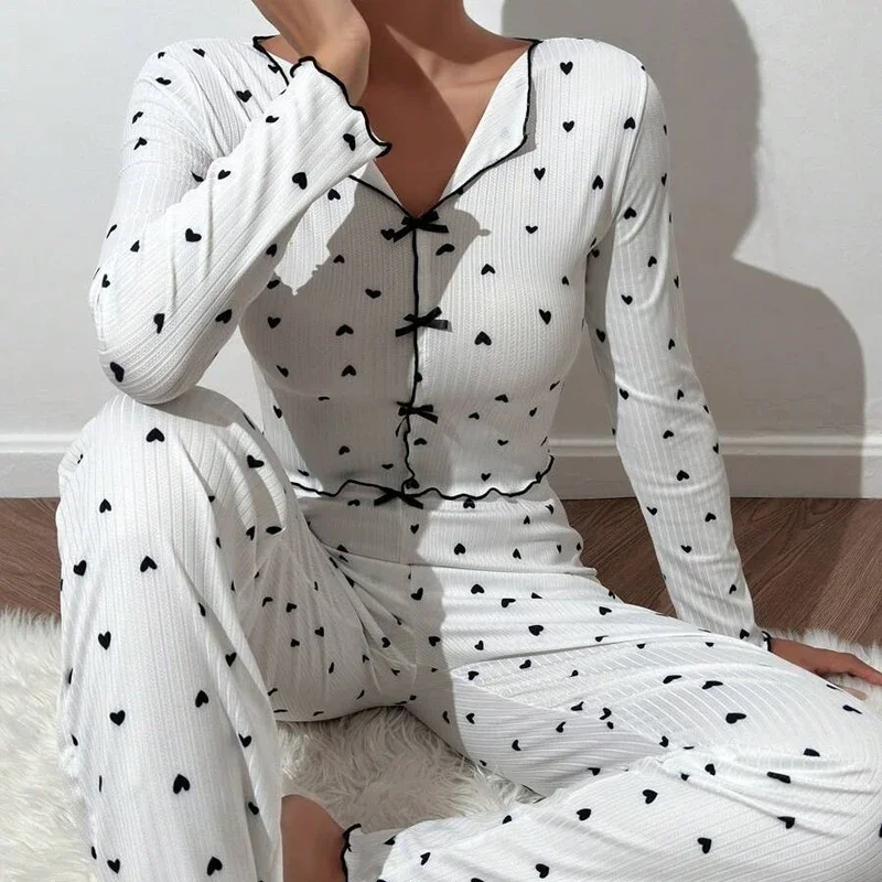 

Spring Summer Sleepwear Pajamas Sets for Women 2 Pieces Long Sleeve Tops Long Pants Set Night Wear Pijamas