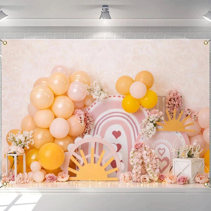 

LS Bohemia Pink Rainbow Backgrounds Cake Smash Kids Adult Photography Props Child Baby Decors Full Bloom Flowers Photo Backdrops