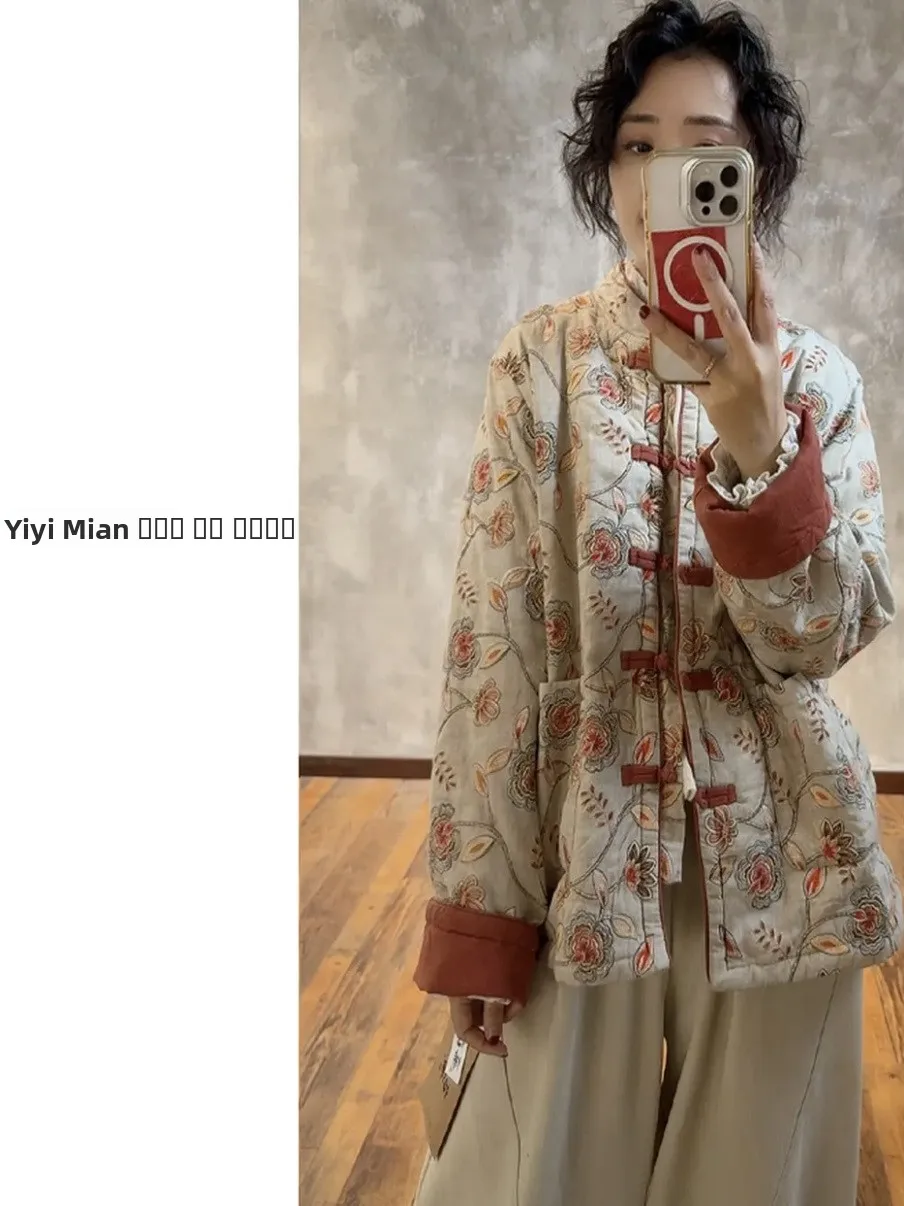 

Аутентичные новые зимние китайские хлопковые куртки с вышивкой и цветным принтом на пуговицах, Thiened Long Sve round Ne