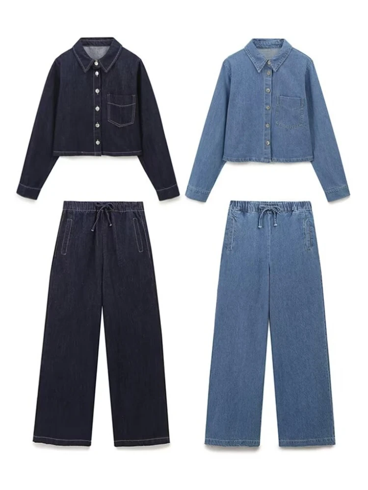 ZBZA Women\'s Denim Shirt Pants Suit Comfort Lapel Denim Long Sleeve Single Breasted Shirt High-waisted Jogger Jeans New Chic Set