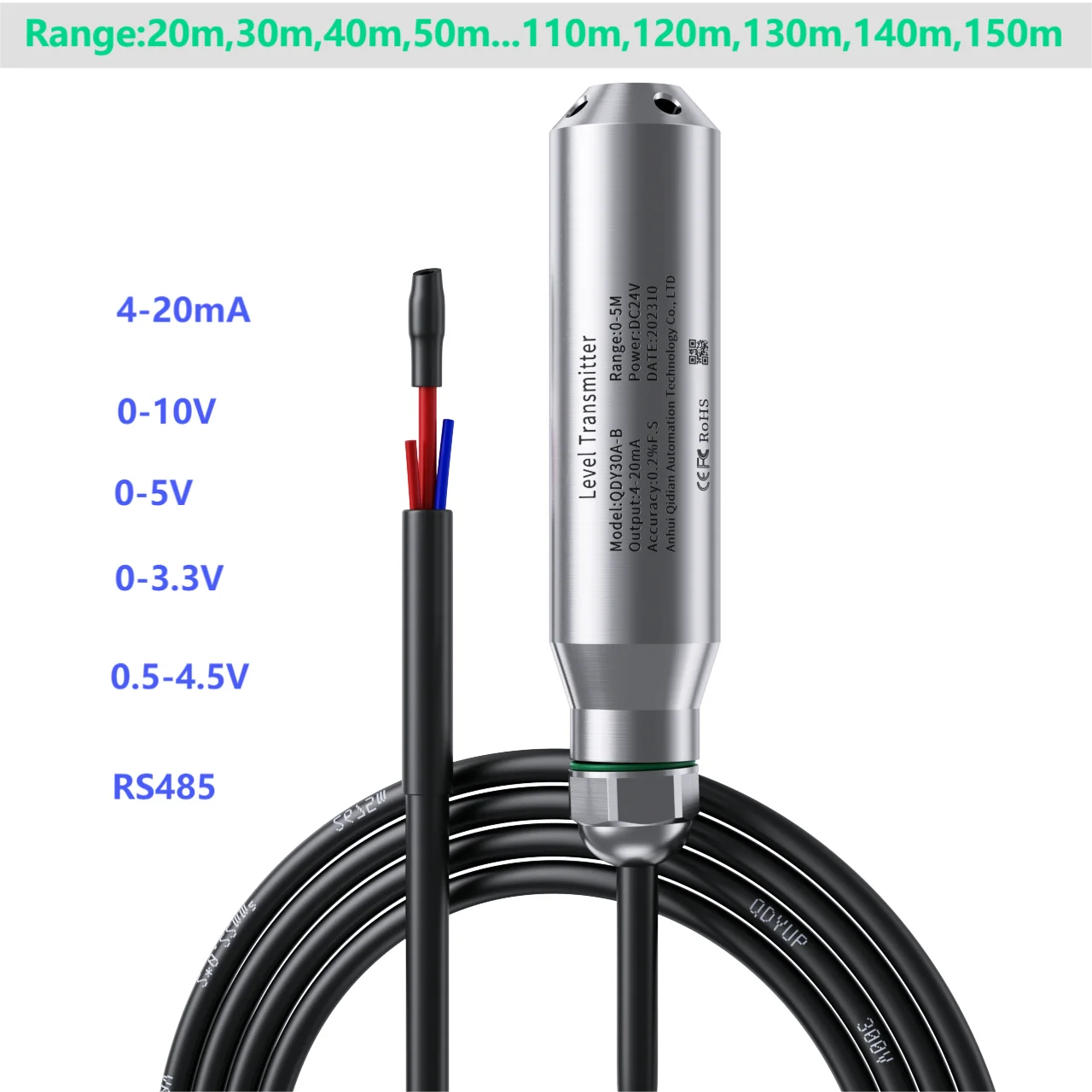 Trasmettitore di livello del liquido da 80M per pozzo profondo 90M 100M gamma trasduttore di livello dell\'acqua 4-20mA 0-10V 0-3.3V sensore di