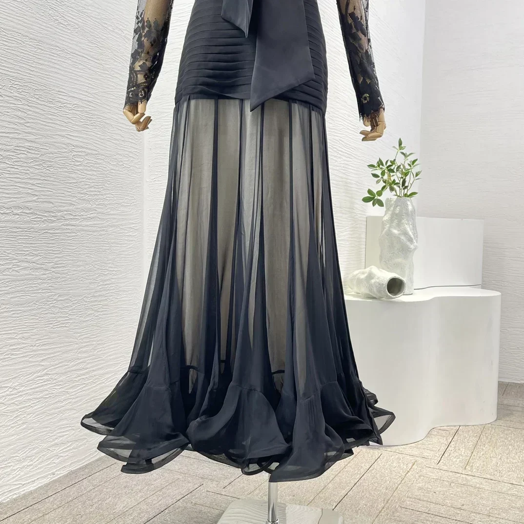 Outono feminino novo design de alta qualidade seda arco plissados renda graciosa preto manga cheia cortar maxi vestido