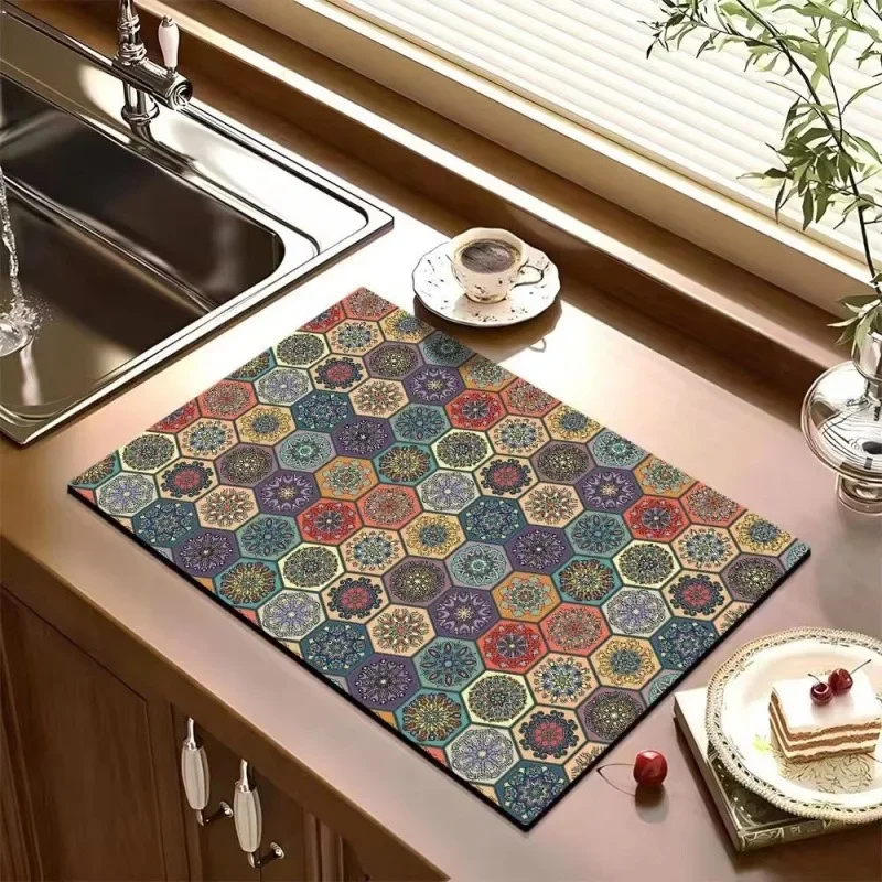 Retro Bohemian Style Super Absorbent Tableware Dish Drying Mat Kitchen Bottle Anti-slip Rug Luxury Kettle Dinnerware Bar Counte